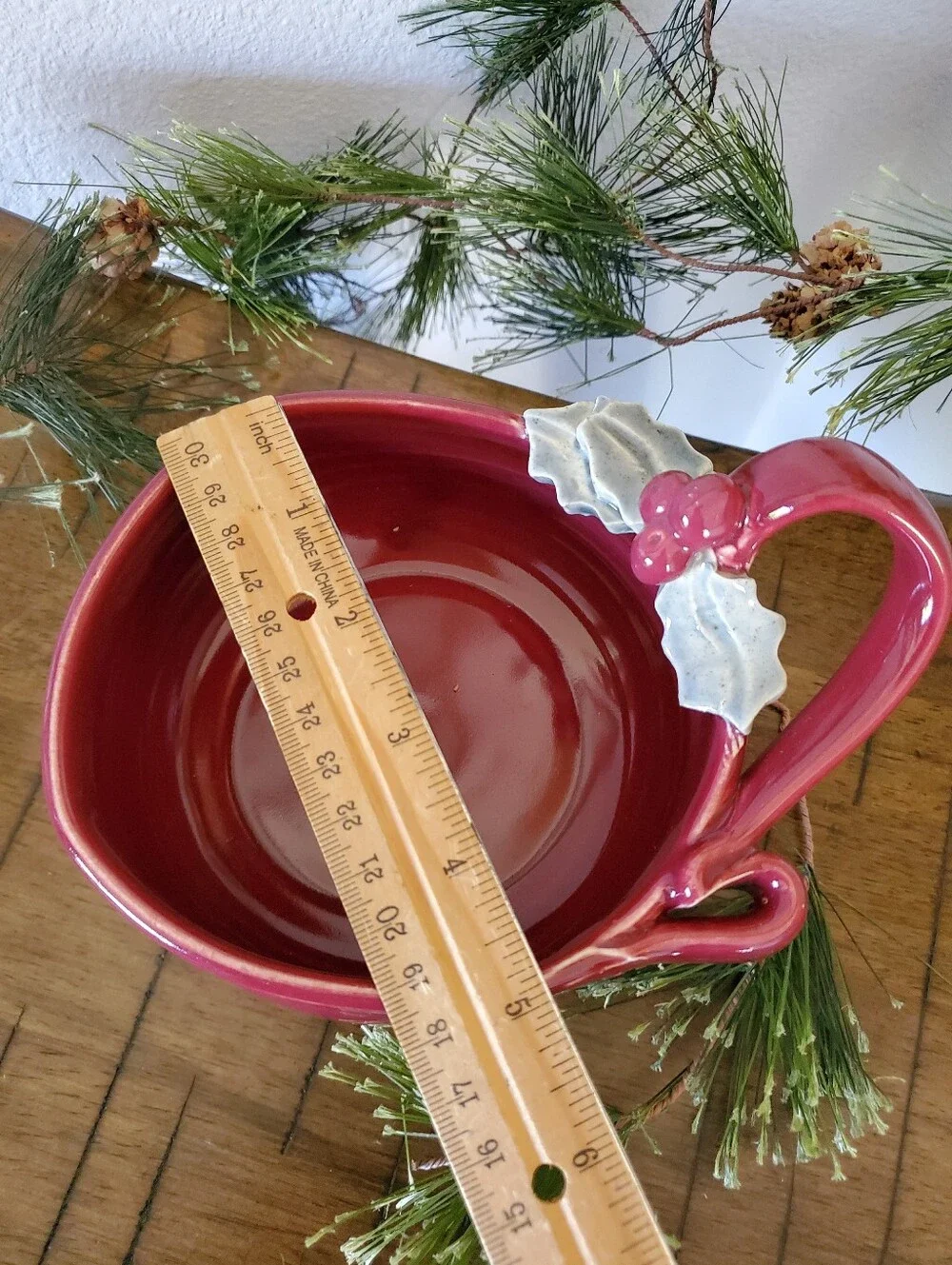 Artisan Handcrafted Red Ceramic Holiday Bowl Holly Berry Handle Festive Pottery